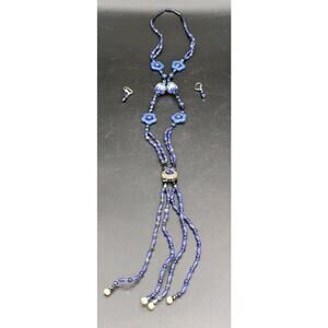 Vintage Blue Sodalite Cloisonne Flower Lariat Tassel Necklace & Earring Set OOAK